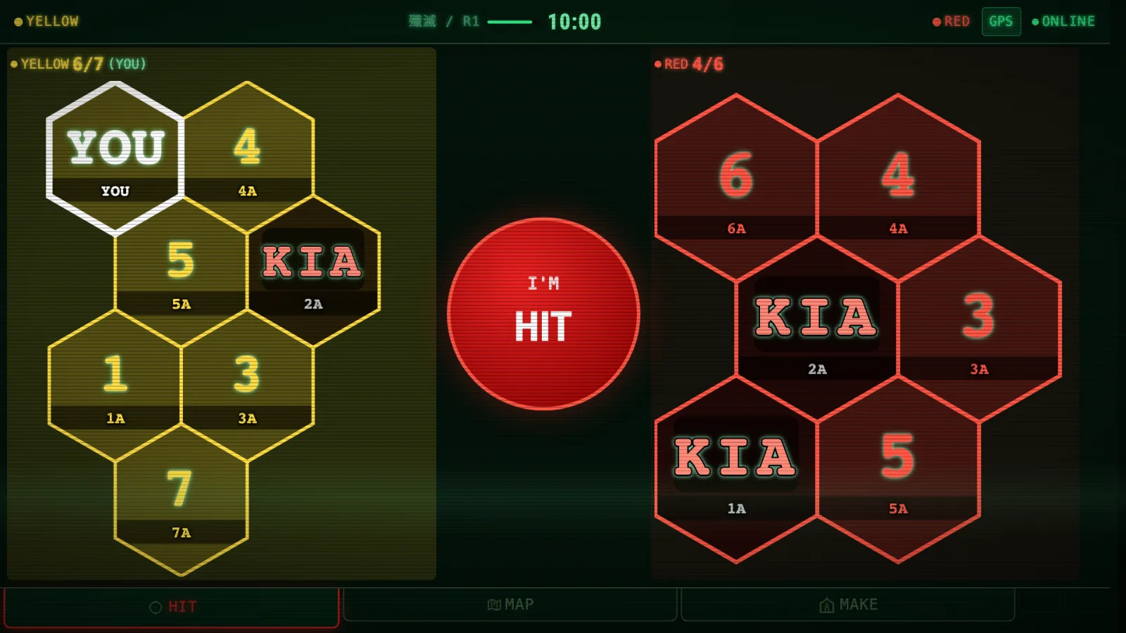 交戦中の画面。両チームのヘックス盤と「I'M HIT」ボタン